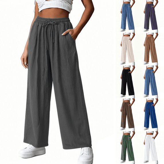 SimpleJoyi Ladies Casual Wide Leg Summer Pants High Waist Drawstring Loose Fit Breathable Daily Trousers