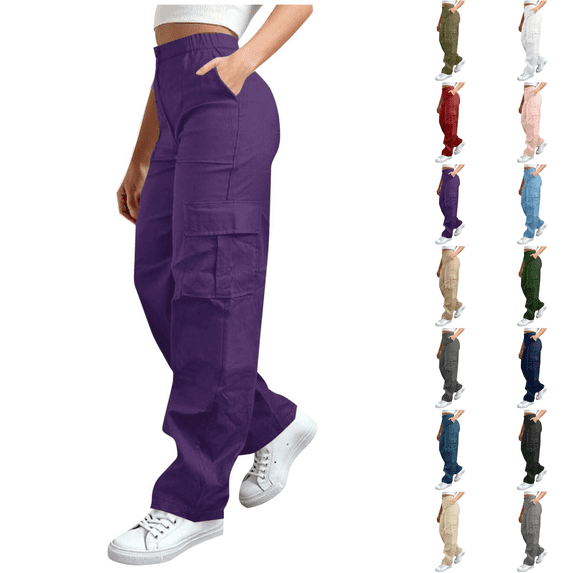 SimpleJoyi Women Elastic Waist Cargo Pants Button Zip Fly Multi Pocket Outdoor Hiking Casual Trousers