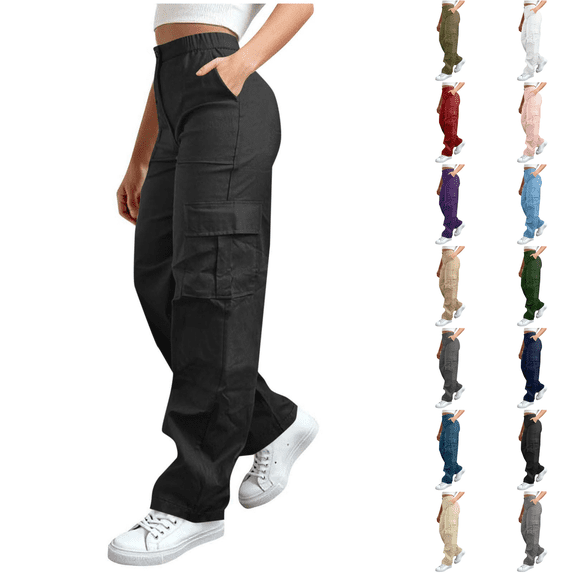 SimpleJoyi Women Elastic Waist Cargo Pants Button Zip Fly Multi Pocket Outdoor Hiking Casual Trousers