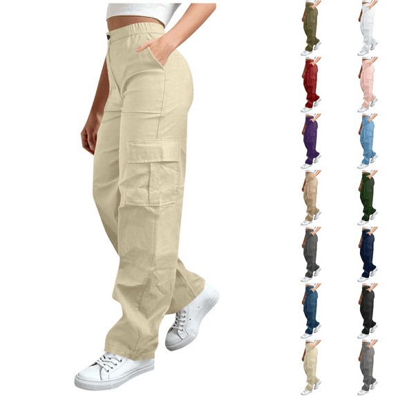 SimpleJoyi Women Elastic Waist Cargo Pants Button Zip Fly Multi Pocket Outdoor Hiking Casual Trousers