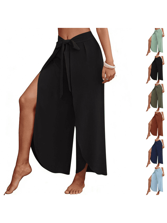 Women High Waist Split Wide Leg Pants Tie Front Bow Knot Detail Resort Casual Long Trousers