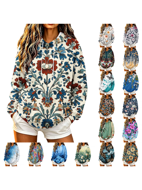 Women Hoodie Fall Winter Casual Folk Floral Print Long Sleeve Pullover Top
