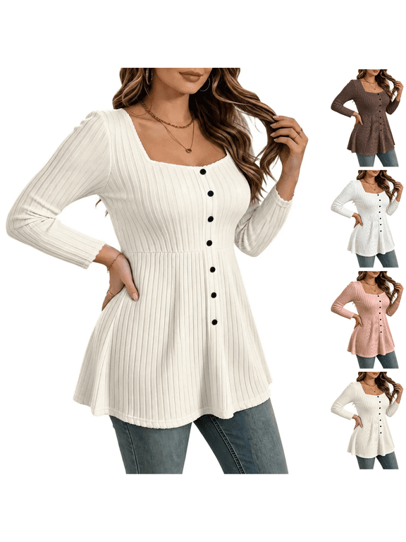 Women Plus Size Top Ribbed Square Neck Button Front Three Quarter Sleeve Tunic