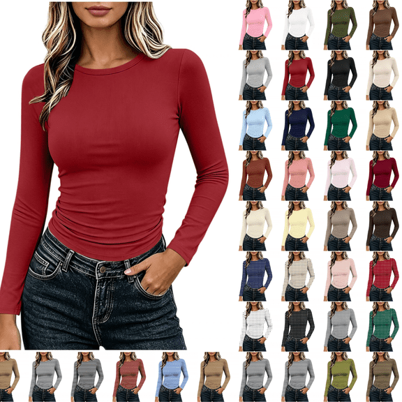 SimpleJoyi Women Solid Ribbed Long Sleeve Crewneck Fleece Lined Slim Fit Basic Tee Shirt Top
