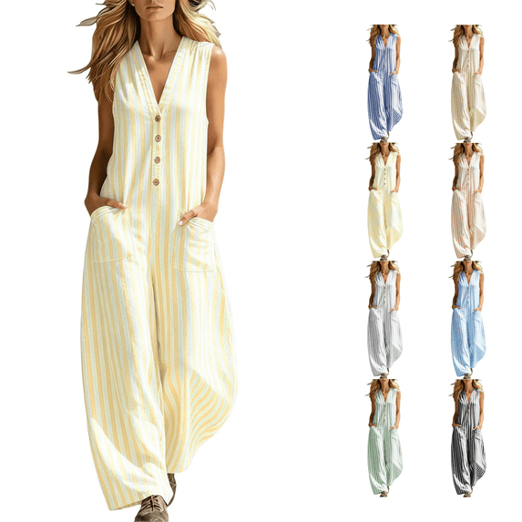 SimpleJoyi Women Striped Sleeveless V Neck Wide Leg Jumpsuit Button Front Pocket Relaxed Summer Romper