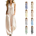 thumbnail image 1 of SimpleJoyi Women Striped Sleeveless V Neck Wide Leg Jumpsuit Button Front Pocket Relaxed Summer Romper, 1 of 6