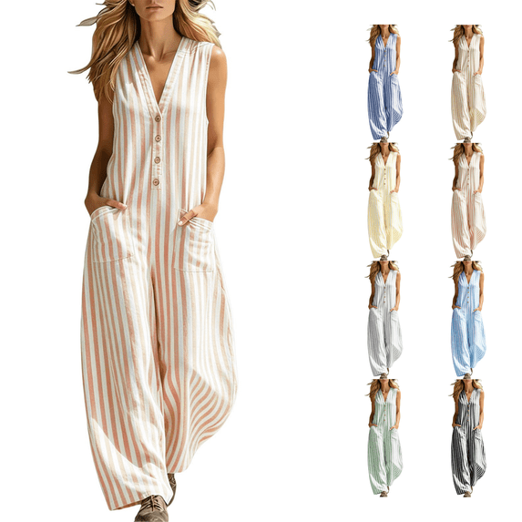 SimpleJoyi Women Striped Sleeveless V Neck Wide Leg Jumpsuit Button Front Pocket Relaxed Summer Romper