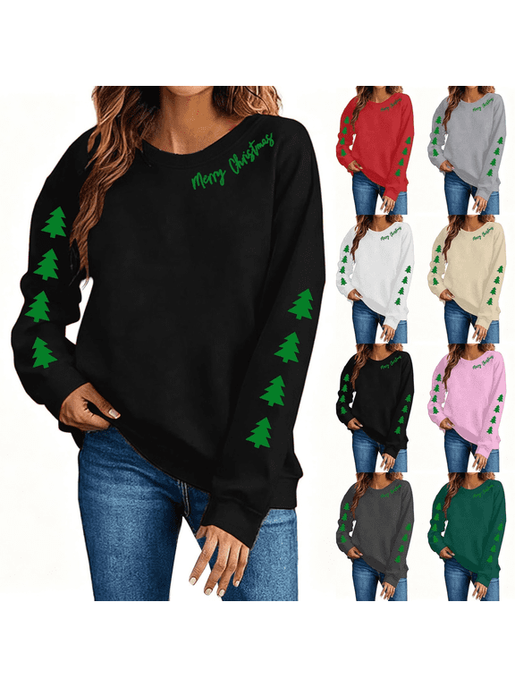 Women Sweatshirt Christmas Lettering Tree Print Crewneck Long Sleeve Pullover Top for Fall Winter