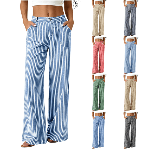 SimpleJoyi Women's Casual Long Pants Elastic Waist Striped Pattern Pockets Straight Leg Loose Fit Everyday Wear Comfortable Trousers Size S-XXL