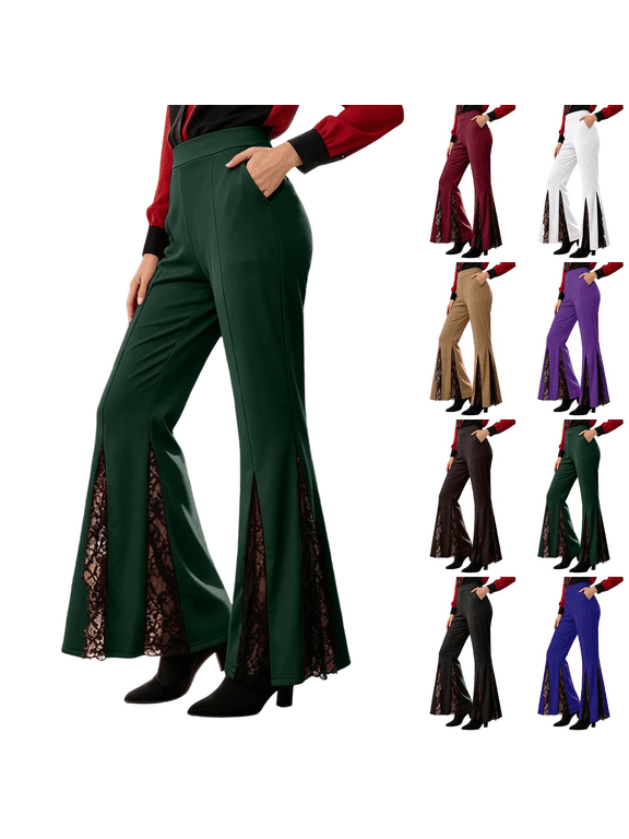 Womens Goth Bell Bottom Pants Lace Insert Split Hem Trousers Halloween Costume