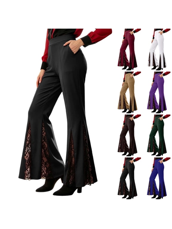 Womens Goth Bell Bottom Pants Lace Insert Split Hem Trousers Halloween Costume