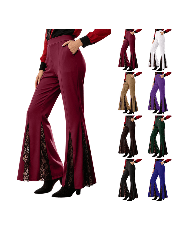 Womens Goth Bell Bottom Pants Lace Insert Split Hem Trousers Halloween Costume