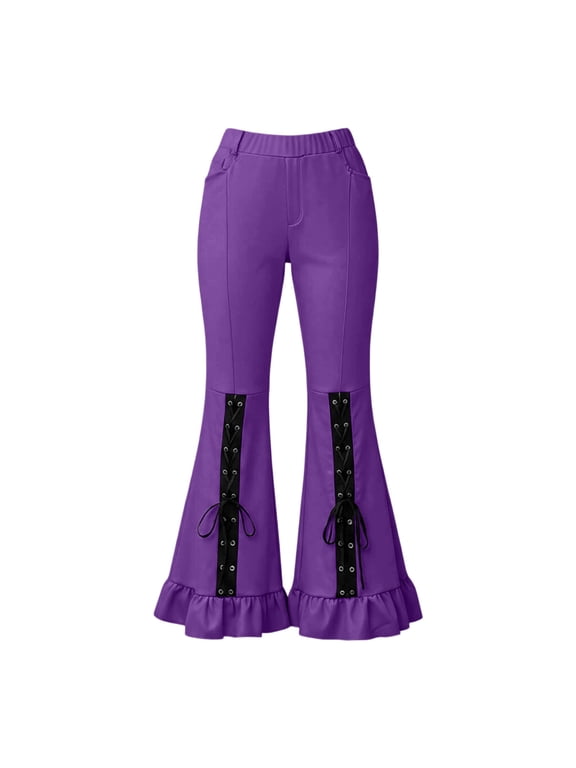 Womens Goth Bell Bottom Pants With Lace Up Sides And Ruffle Hem For Halloween