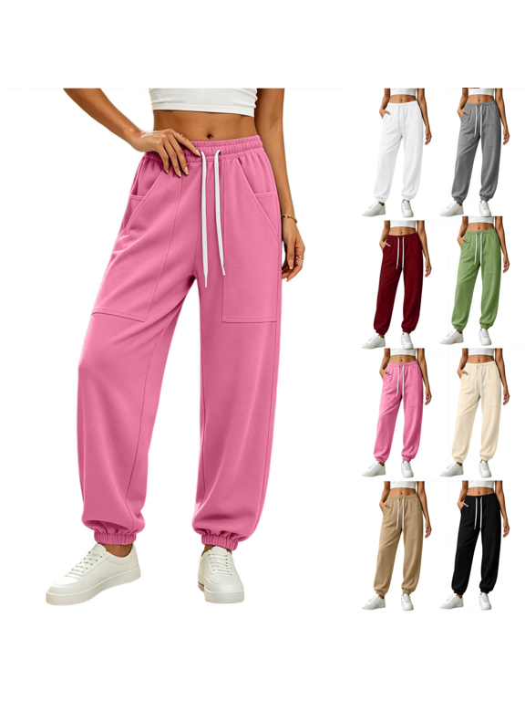 Womens High Waist Drawstring Sweatpants Cuffed Leg Pants with Patch Pockets Warm Casual Winter Trousers