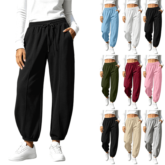 SimpleJoyi Womens High Waist Drawstring Sweatpants Warm Barrel Leg Cuffed Pants Casual Winter Trousers with Pockets
