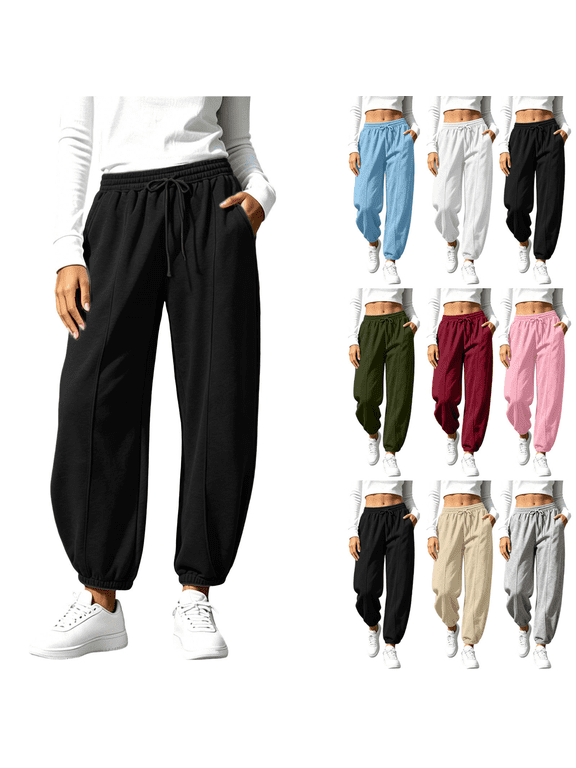 Womens High Waist Drawstring Sweatpants Warm Barrel Leg Cuffed Pants Casual Winter Trousers with Pockets