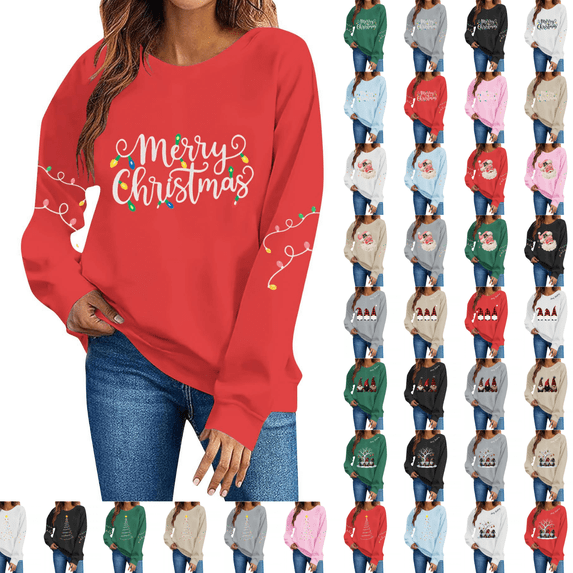 SimpleJoyi Womens Merry Christmas Print Crewneck Long Sleeve Loose Fit Sweatshirt Top