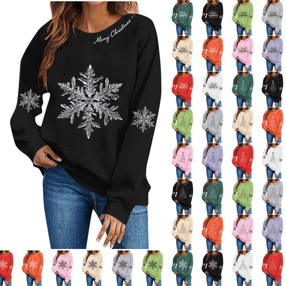 SimpleJoyi Womens Merry Christmas Snowflake Print Crewneck Long Sleeve Loose Fit Sweatshirt Top