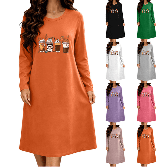 SimpleJoyi Womens Pajama Fashion Casual Print Long Sleeve Crewneck Midi Nightgown