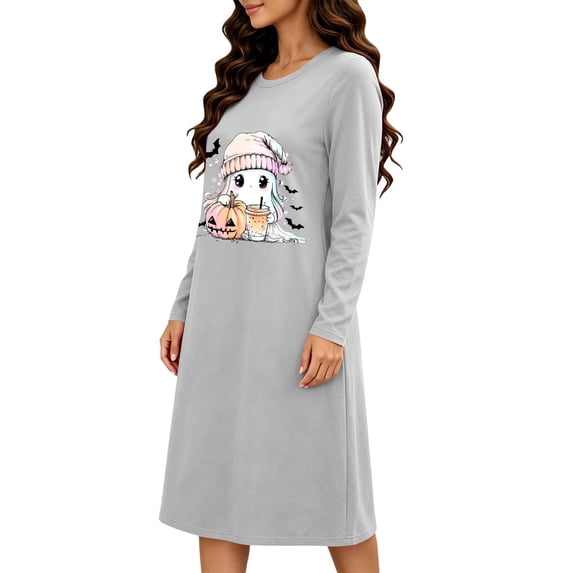 SimpleJoyi Womens Pajama Halloween Chest Print Long Sleeve Crewneck Midi Nightgown