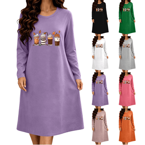 SimpleJoyi Womens Pajama Fashion Casual Print Long Sleeve Crewneck Midi Nightgown