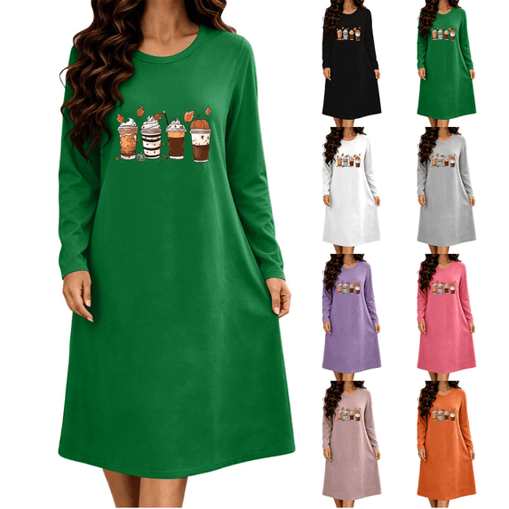 SimpleJoyi Womens Pajama Fashion Casual Print Long Sleeve Crewneck Midi Nightgown