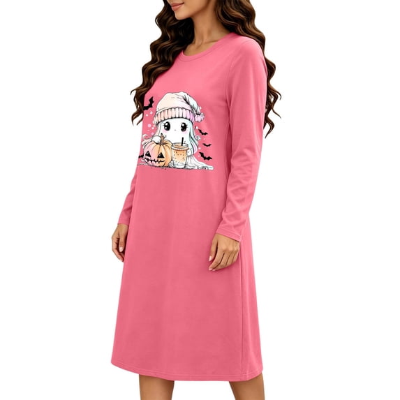 SimpleJoyi Womens Pajama Halloween Chest Print Long Sleeve Crewneck Midi Nightgown