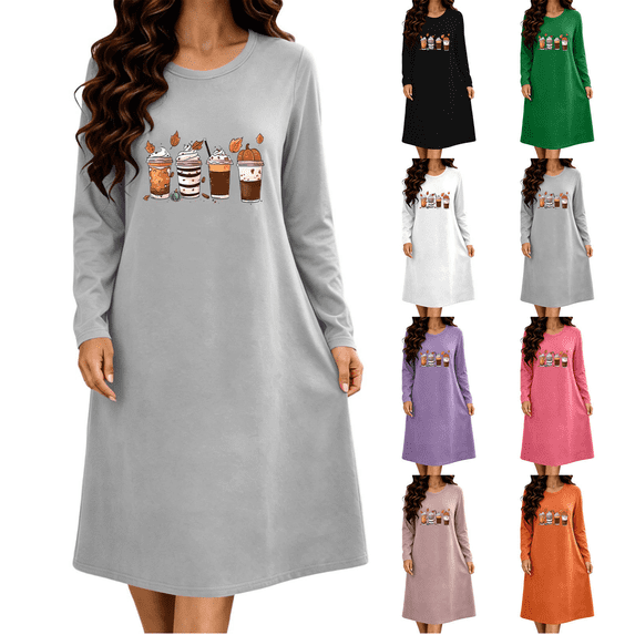 SimpleJoyi Womens Pajama Fashion Casual Print Long Sleeve Crewneck Midi Nightgown