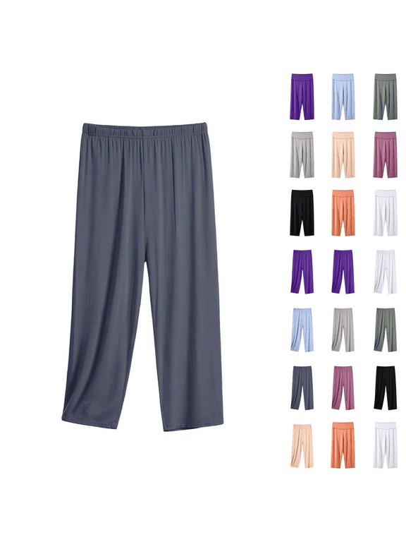 Womens Pajama Pants Solid High Waist Wide Leg Capri Sleep Bottoms Cozy