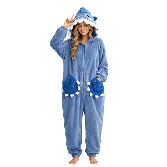 SimpleJoyi Womens Pajamas Shark Hooded Long Sleeve Plush Onesie Jumpsuit Pockets Sleepwear