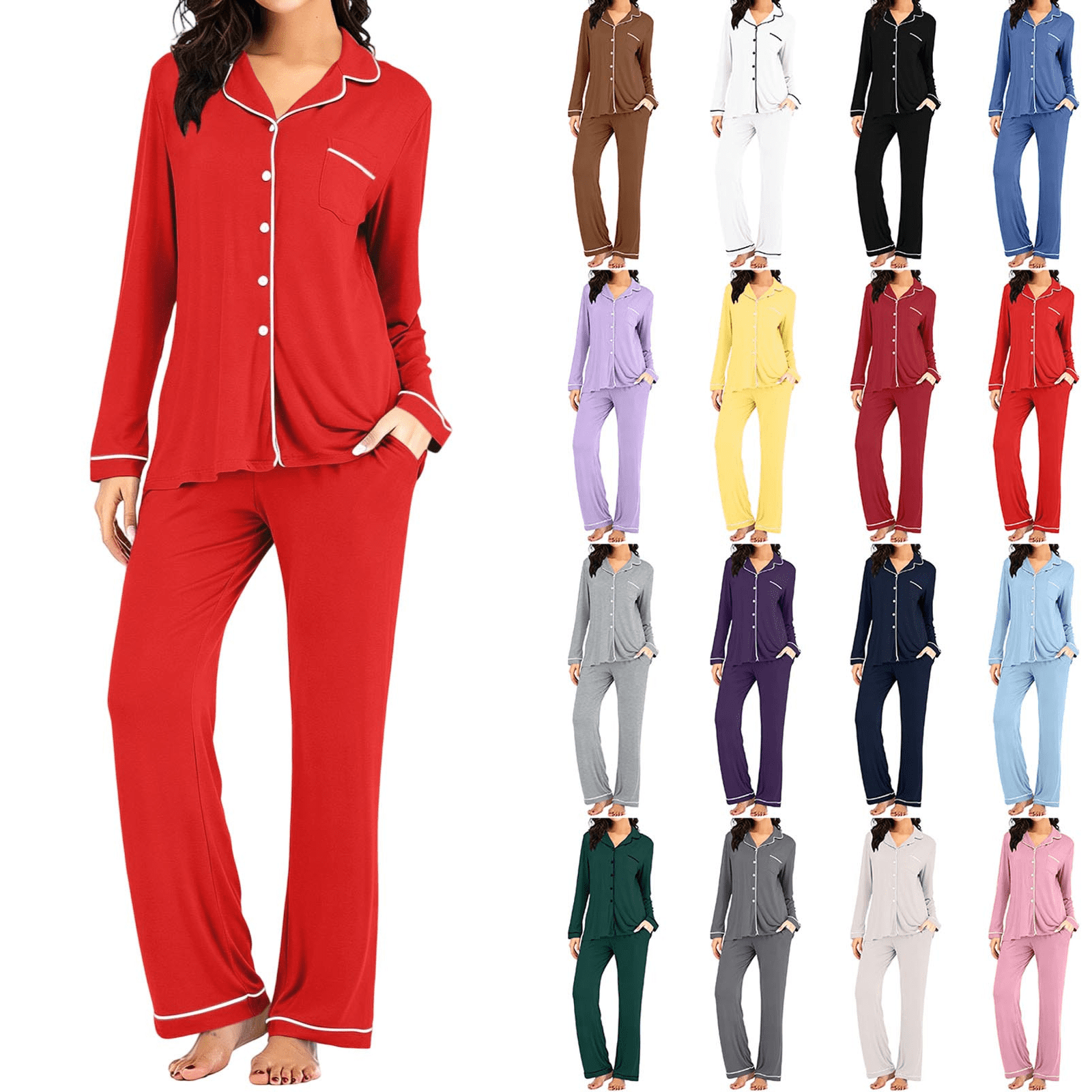 SimpleJoyi Pajamas Womens Solid Collared Button Front Long Sleeve ...