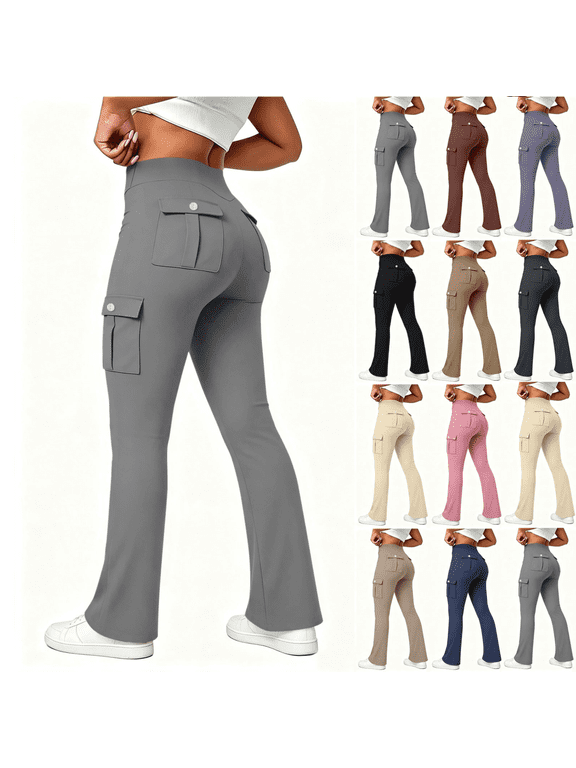 Womens Stretch Cargo Pants High Waist Bootcut Flap Pocket Trousers with Elastic Band Casual Daily Wear