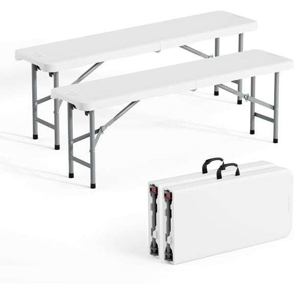 SimpleLiving 4 feet Plastic Folding Bench,Portable in/Outdoor Picnic Party Camping Dining Seat, Garden Soccer Multipurpose Entertaining Activities, Smooth HDPE Tabletop (2, White, 4ft)