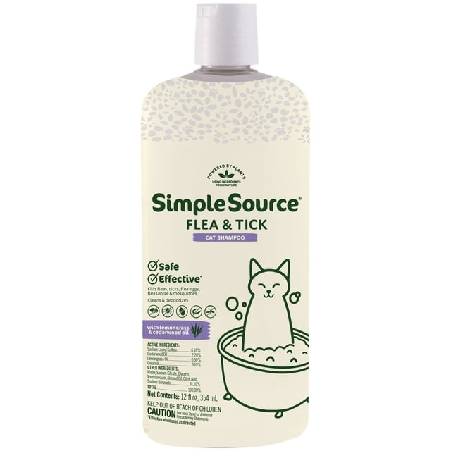 SimpleSource Flea & Tick Shampoo for Cats, Cleans & Deodorizes, Lemongrass & Cedarwood, 12 fl oz