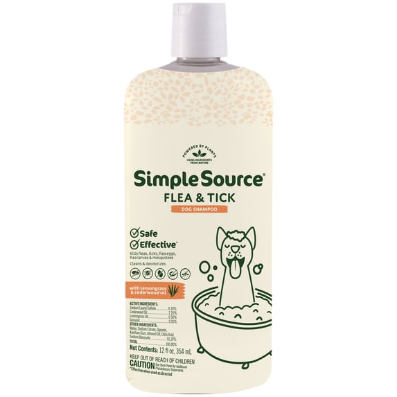 SimpleSource® Flea & Tick Shampoo for Dogs, Kills Fleas, Flea Eggs, Flea Larvae, & Ticks, & Mosquitos, Cleans & Deodorizes, 12oz Bottle