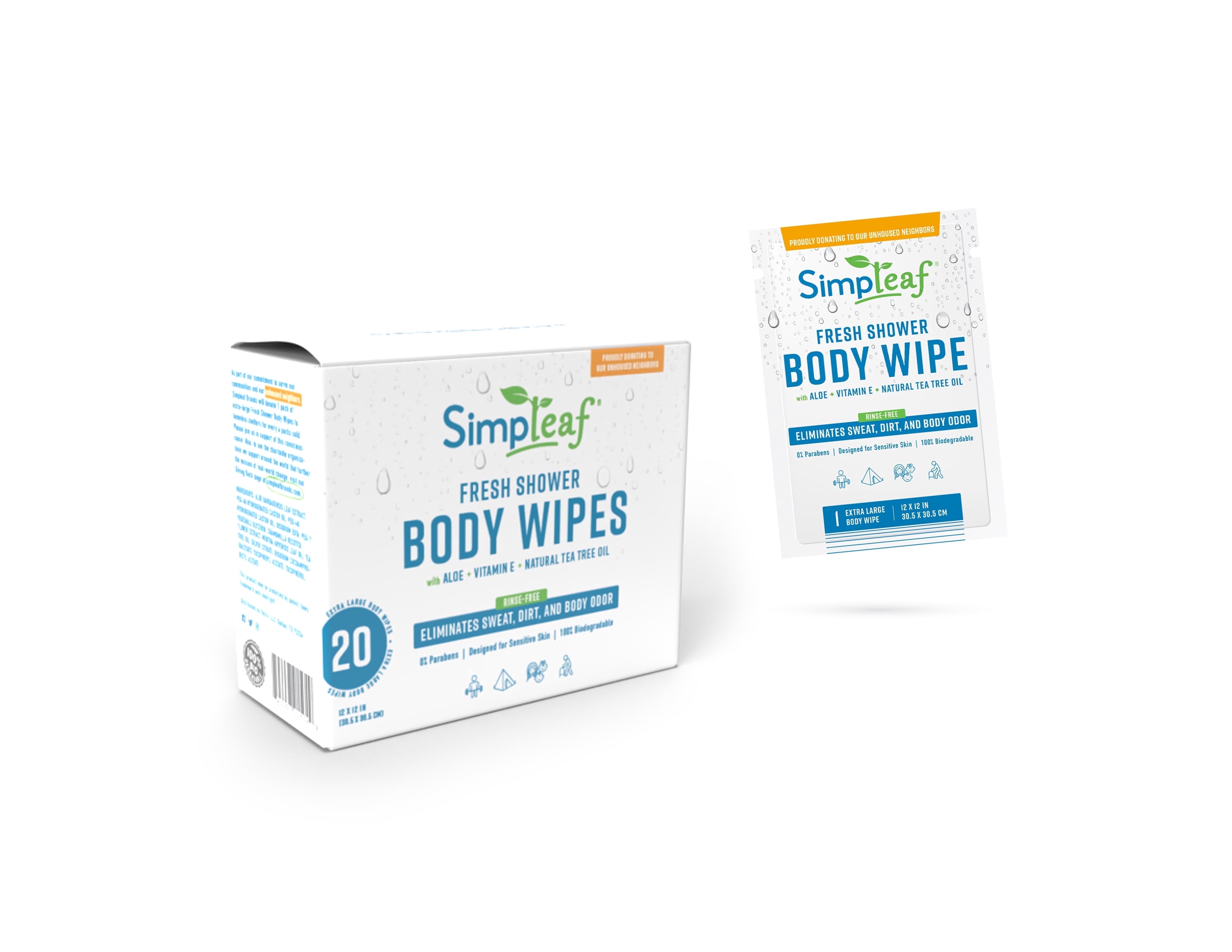 Simpleaf Body Shower Wipes | Extra Large Individually Packed Wipes | Eco- Friendly, Paraben & Alcohol Free | Hypoallergenic & Safe for Sensitive Skin | Vitamin E Infused | 20 Count