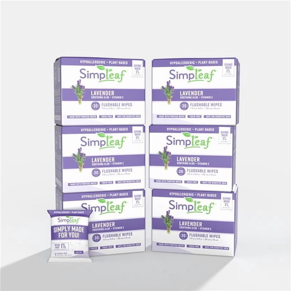 Simpleaf Flushable Lavender Single Pack Wet Wipes - Paraben & Alcohol Free - Hypoallergenic & Safe for Sensitive Skin - Soothing Aloe Vera & Vitamin E Formula - 6 Pack- 180 Count Total