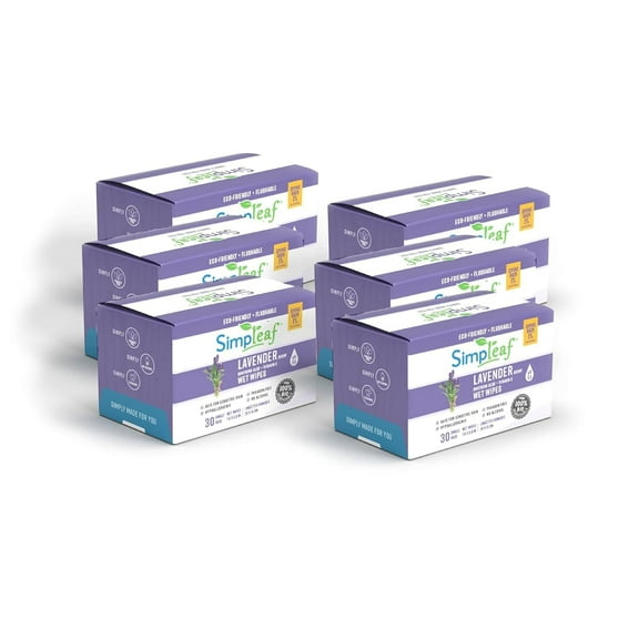 Simpleaf Flushable Lavender Single Pack Wet Wipes - Paraben & Alcohol Free - Hypoallergenic & Safe for Sensitive Skin - Soothing Aloe Vera & Vitamin E Formula - 6 Pack- 180 Count Total