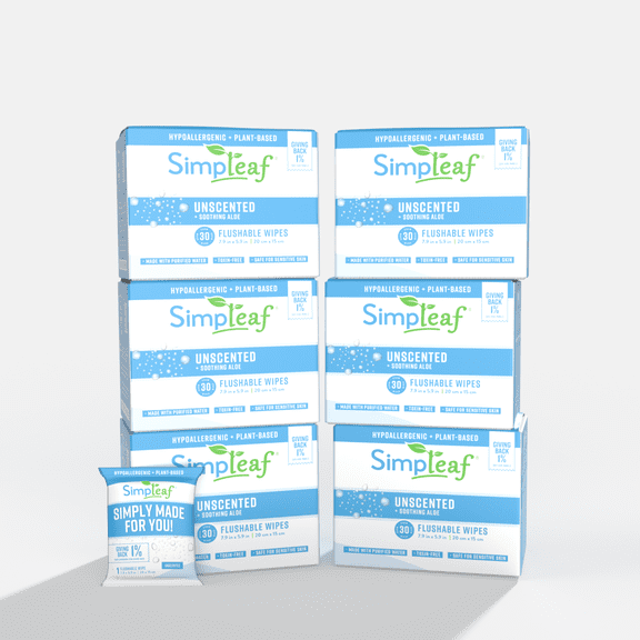 Simpleaf Flushable Unscented Single Pack Wet Wipes | Paraben & Alcohol Free | Hypoallergenic & Safe for Sensitive Skin | Soothing Aloe Vera Formula | (30 x 6 Single Pack Wipes) 180 Counts Total