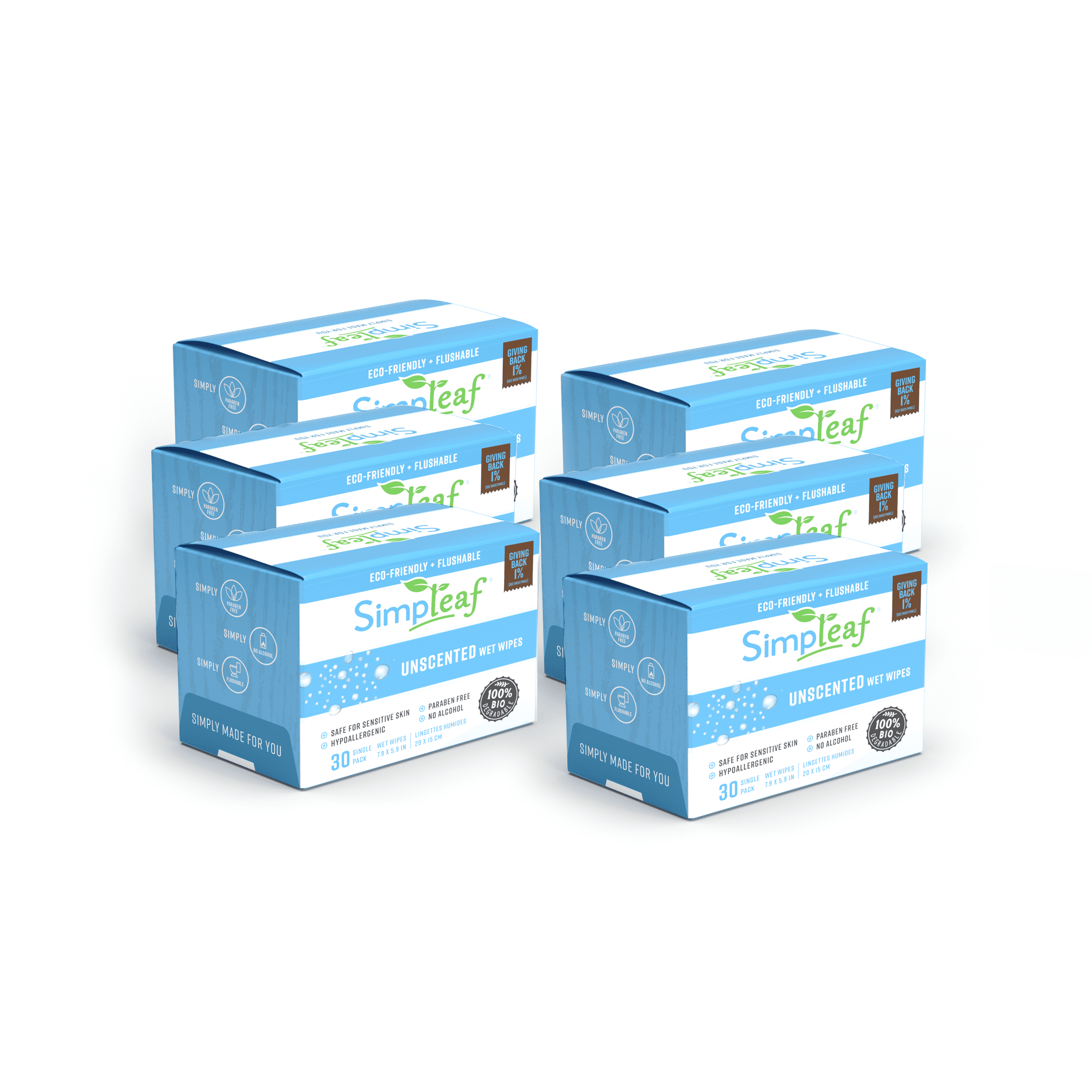 Simpleaf Flushable Single Pack Wet Wipes | Eco- Friendly, Paraben & Alcohol Free | Hypoallergenic & Safe for Sensitive Skin | Unscented | Travel Size | 6 pack- 180 Count Total - Bundle and Save