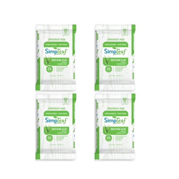 Simpleaf Flushable Wet Wipes Aloe Vera| Eco-Friendly, Paraben & Alcohol Free | Hypoallergenic & Safe for Sensitive Skin | Soothing Aloe Formula | (4 x 25 Counts Convenient Pack) 100 Counts Total