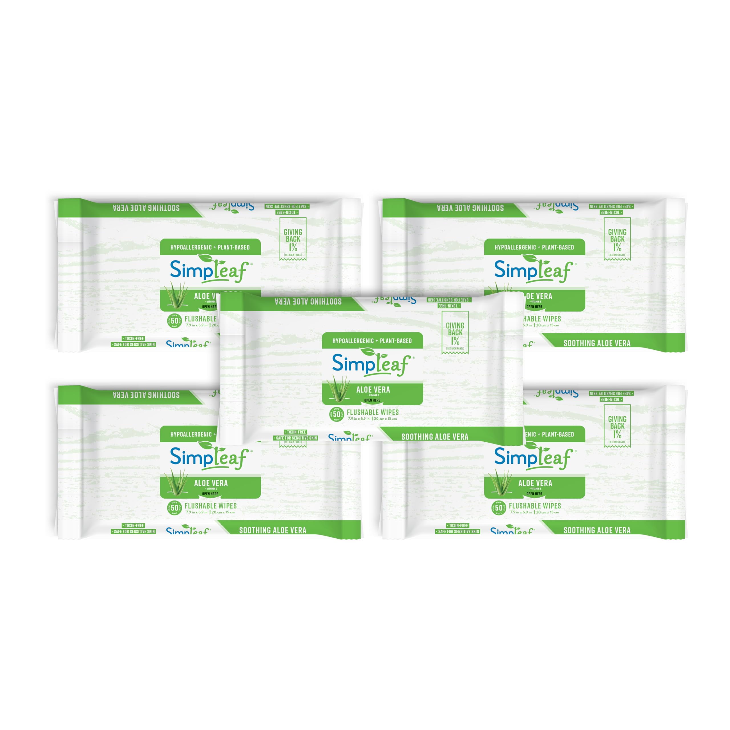 Simpleaf Flushable Wet Wipes Aloe Vera| Eco-Friendly, Paraben & Alcohol Free | Hypoallergenic & Safe for Sensitive Skin | Soothing Aloe Vera Formula | (5 x 50 Counts Convenient Pack) 250 Counts Total