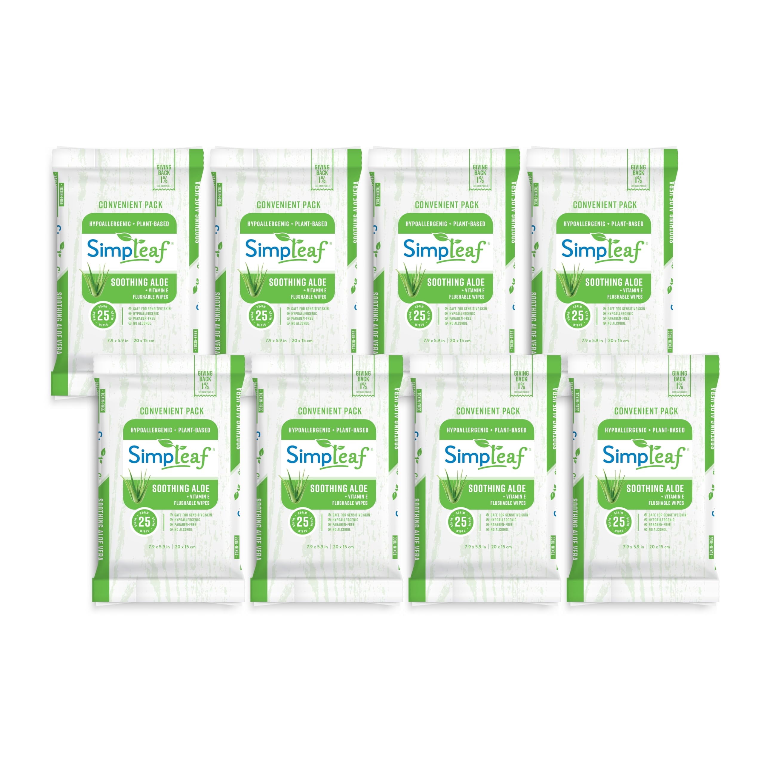 Simpleaf Flushable Wet Wipes Aloe Vera| Eco-Friendly, Paraben & Alcohol Free | Hypoallergenic & Safe for Sensitive Skin | Soothing Aloe Vera Formula | (8 x 25 Counts Convenient Pack) 200 Counts Total