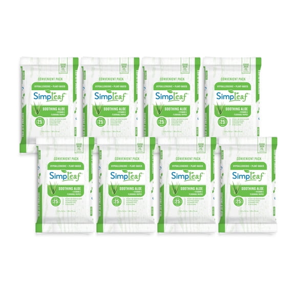 Simpleaf Flushable Wet Wipes Aloe Vera| Eco-Friendly, Paraben & Alcohol Free | Hypoallergenic & Safe for Sensitive Skin | Soothing Aloe Vera Formula | (8 x 25 Counts Convenient Pack) 200 Counts Total