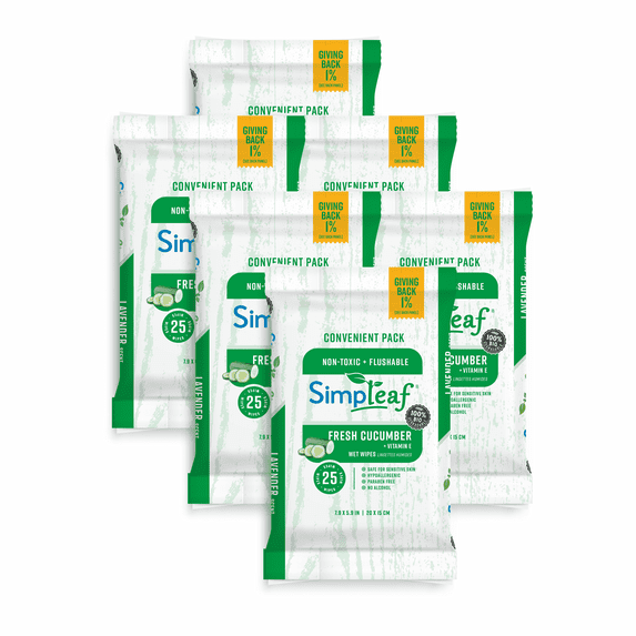 Simpleaf Flushable Wet Wipes , Eco- Friendly, Paraben & Alcohol Free , Hypoallergenic & Safe for Sensitive Skin , Soothing Aloe Vera Formula with Cucumber Scent , (25-Count) 6 Pack