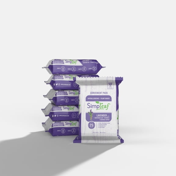 Simpleaf Flushable Wet Wipes | Eco- Friendly, Paraben & Alcohol Free | Hypoallergenic & Safe for Sensitive Skin | Soothing Aloe Vera Formula with Lavender Scent | (25-Count) 6 Pack