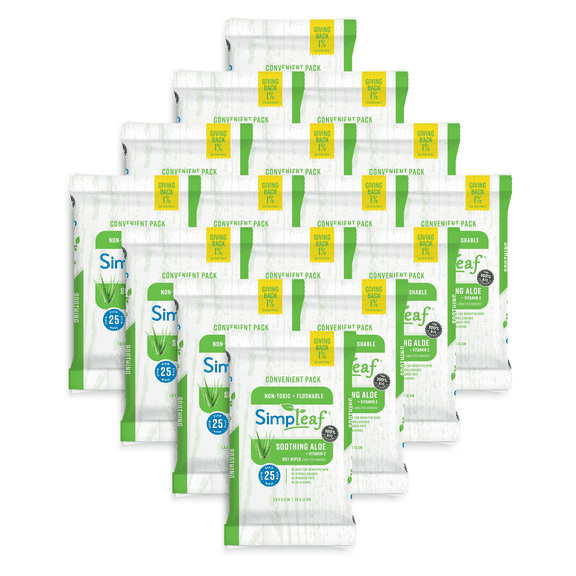 Simpleaf Flushable Wet Wipes | Eco- Friendly, Paraben & Alcohol Free | Hypoallergenic & Safe for Sensitive Skin | Soothing Aloe Vera & Vitamin E Formula | (25-Count) 16 Pack - Bundle and Save