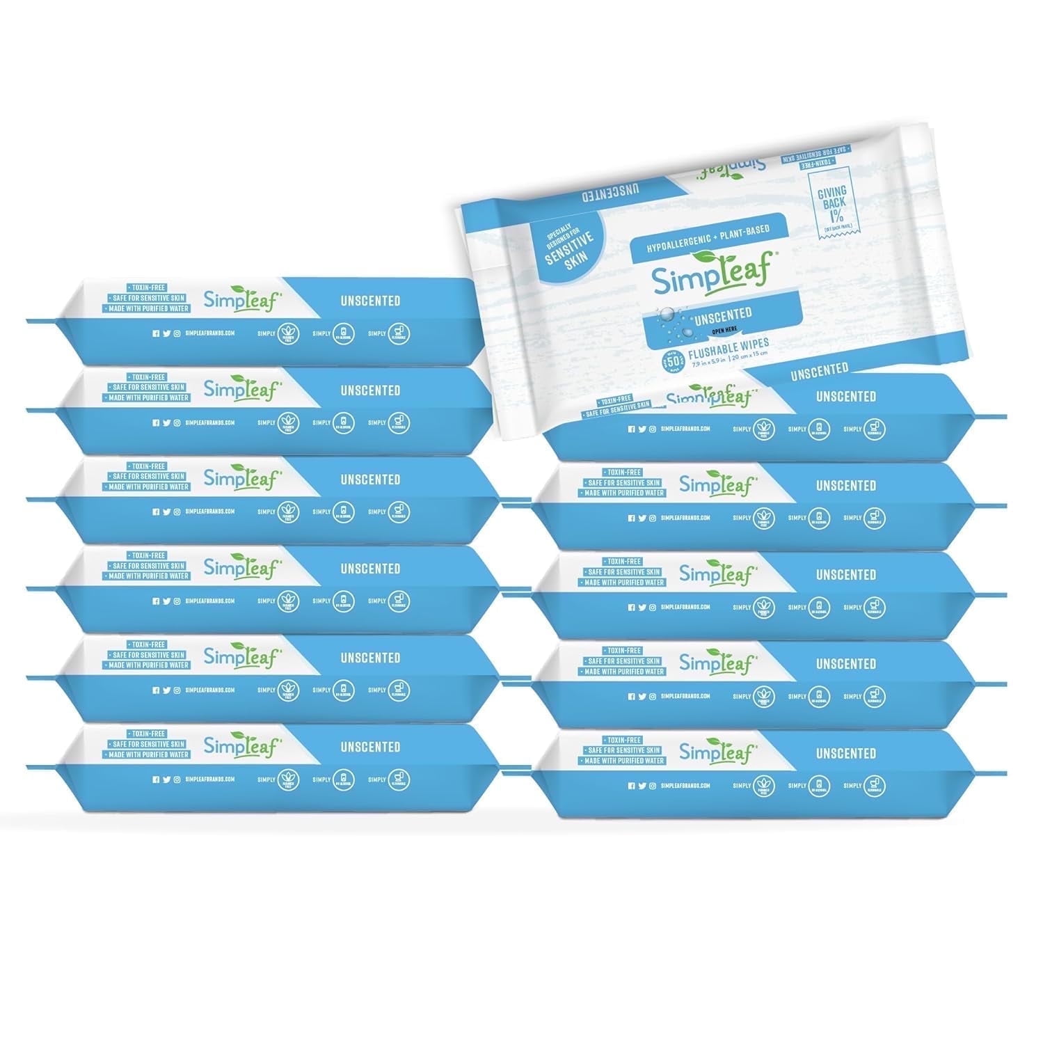 Simpleaf Flushable Wet Wipes | Eco- Friendly, Paraben & Alcohol Free | Hypoallergenic & Safe for Sensitive Skin | Unscented Soothing Aloe Vera Formula (50 Counts) 12 pack