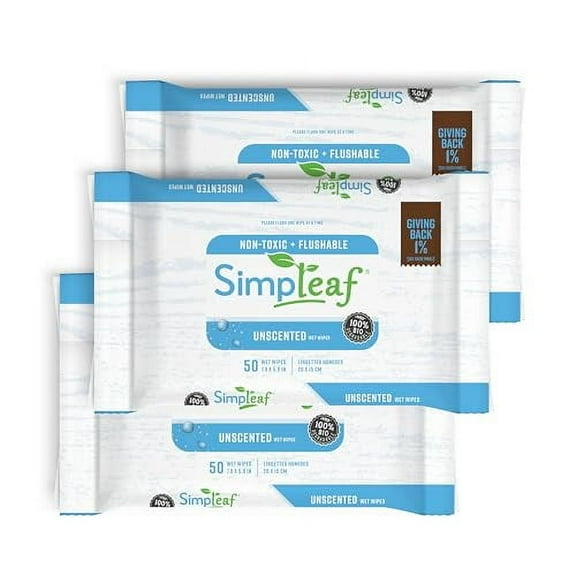 Simpleaf Flushable Wet Wipes | Eco- Friendly, Paraben & Alcohol Free | Hypoallergenic & Safe for Sensitive Skin | Unscented Soothing Aloe Vera Formula (50 Counts) 3 pack