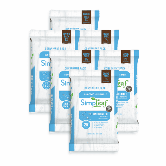Simpleaf Flushable Wet Wipes | Eco- Friendly, Paraben & Alcohol Free | Hypoallergenic & Safe for Sensitive Skin | Unscented Soothing Aloe Vera Formula (6 Pack)